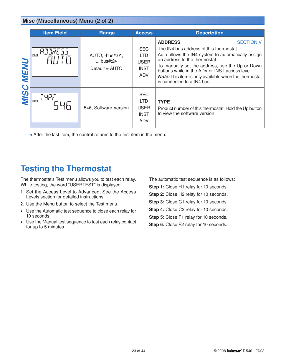 Misc menu, Testing the thermostat | tekmar 546 Thermostat Installation User Manual | Page 23 / 44