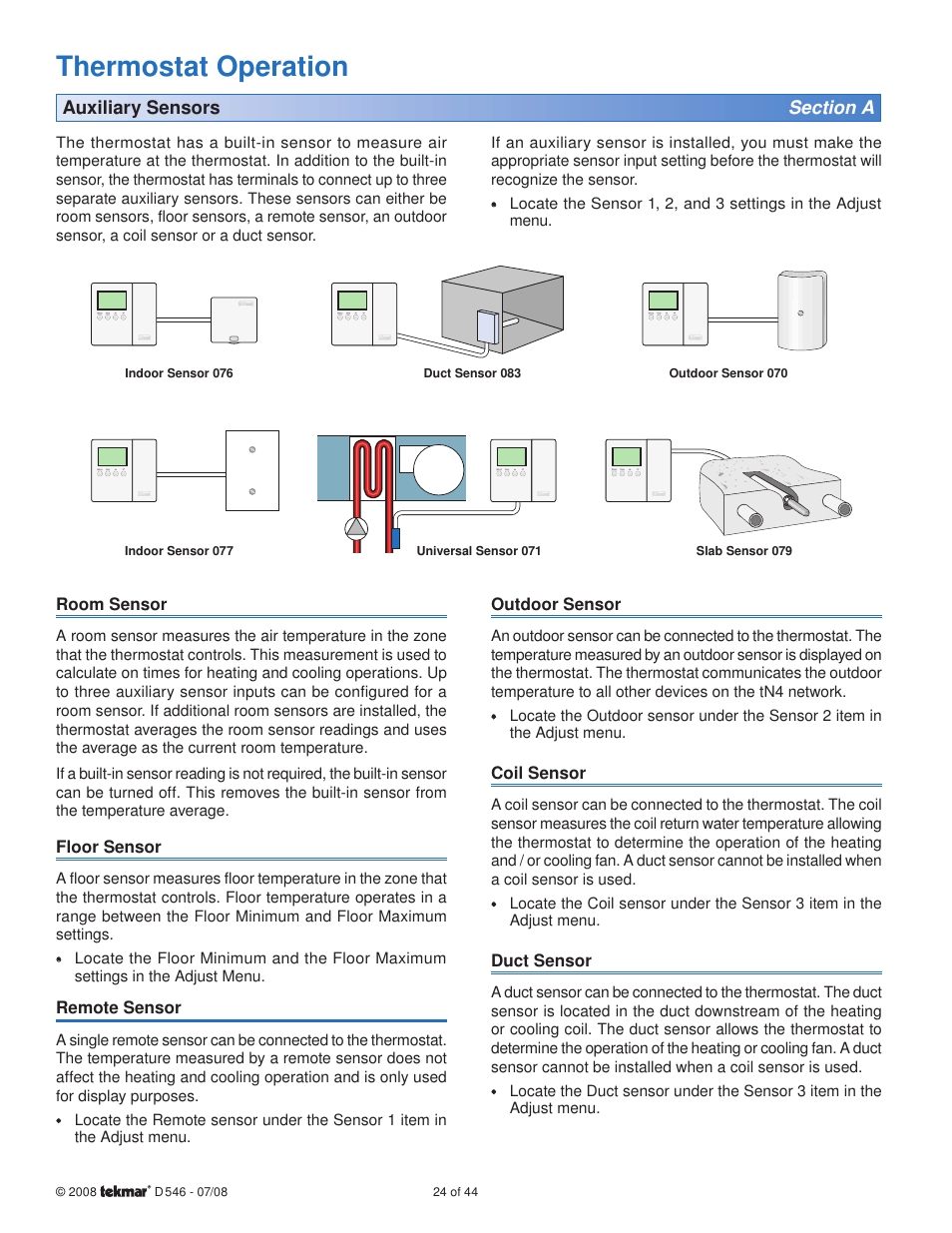 Thermostat operation | tekmar 546 Thermostat Installation User Manual | Page 24 / 44