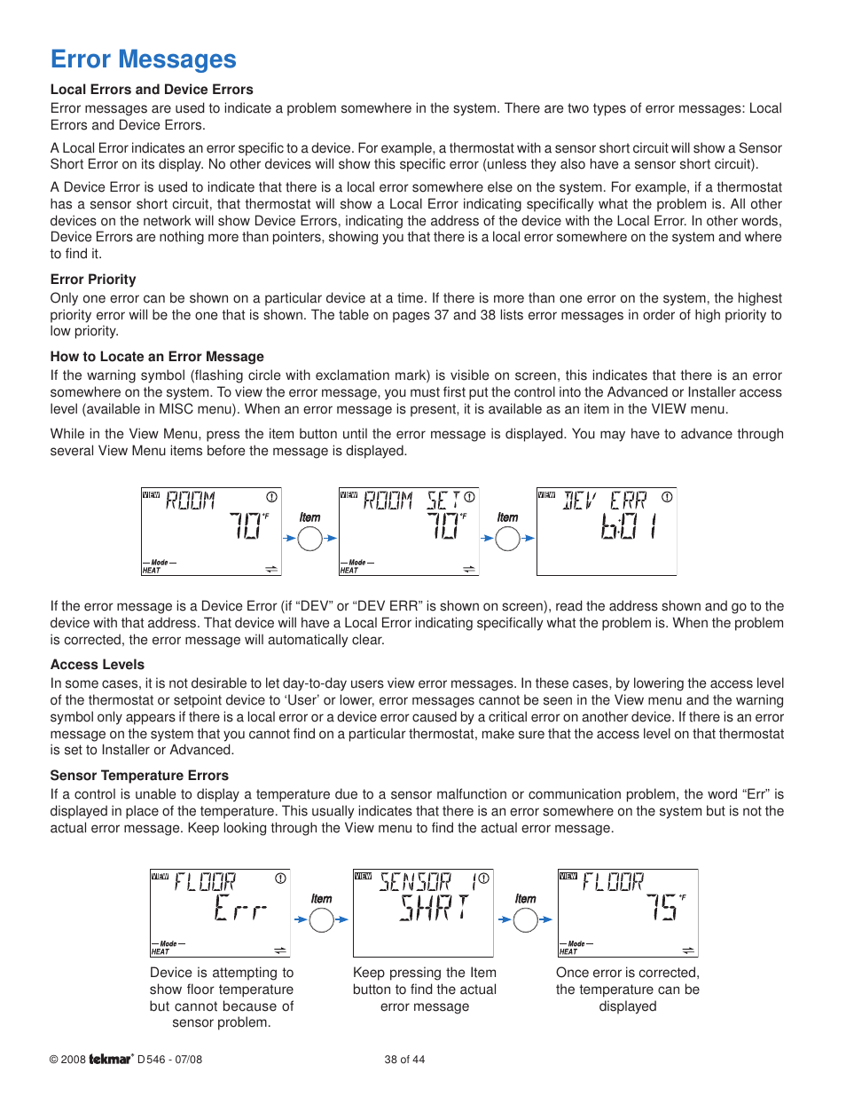 Error messages | tekmar 546 Thermostat Installation User Manual | Page 38 / 44