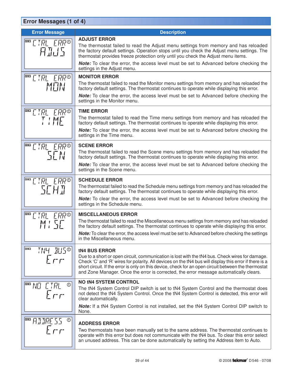 Error messages (1 of 4) | tekmar 546 Thermostat Installation User Manual | Page 39 / 44