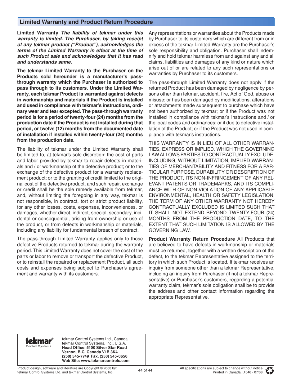 Limited warranty and product return procedure | tekmar 546 Thermostat Installation User Manual | Page 44 / 44