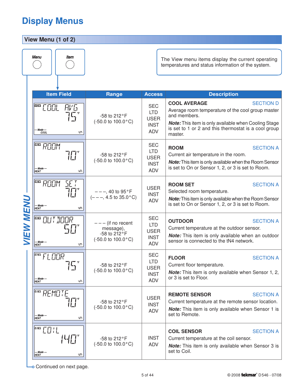 Display menus, View menu | tekmar 546 Thermostat Installation User Manual | Page 5 / 44