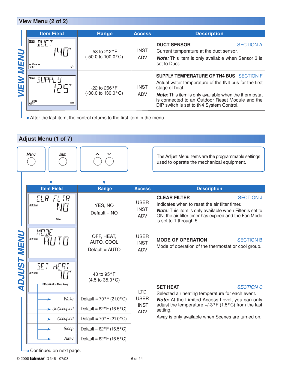View menu, Adjus t menu | tekmar 546 Thermostat Installation User Manual | Page 6 / 44