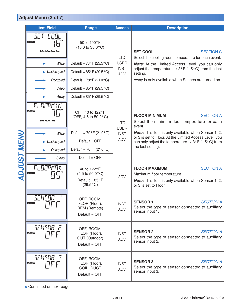 Adjus t menu | tekmar 546 Thermostat Installation User Manual | Page 7 / 44