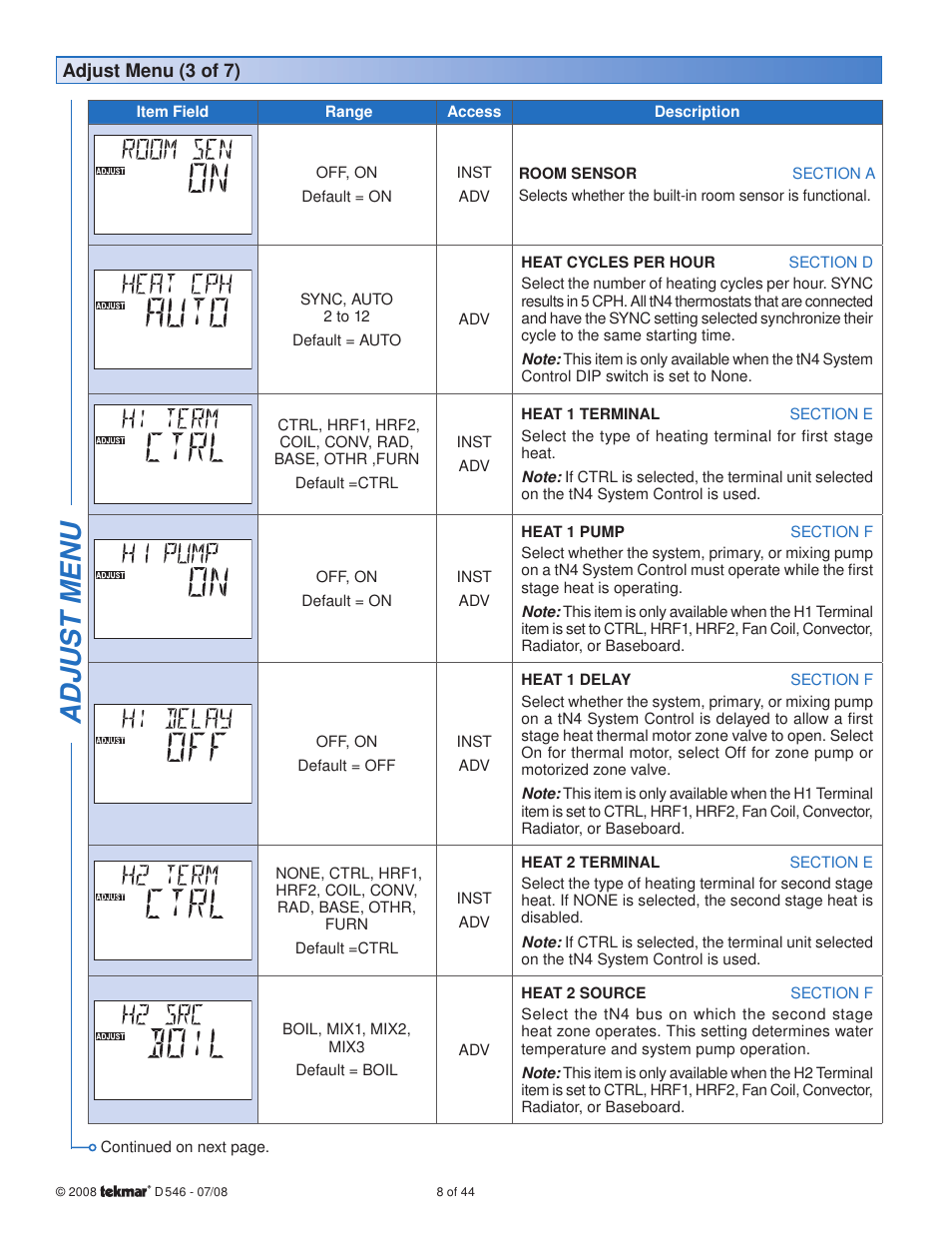 Adjus t menu | tekmar 546 Thermostat Installation User Manual | Page 8 / 44