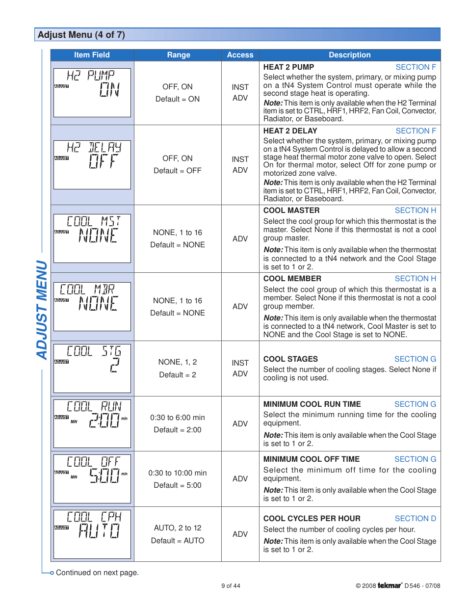 Adjus t menu | tekmar 546 Thermostat Installation User Manual | Page 9 / 44