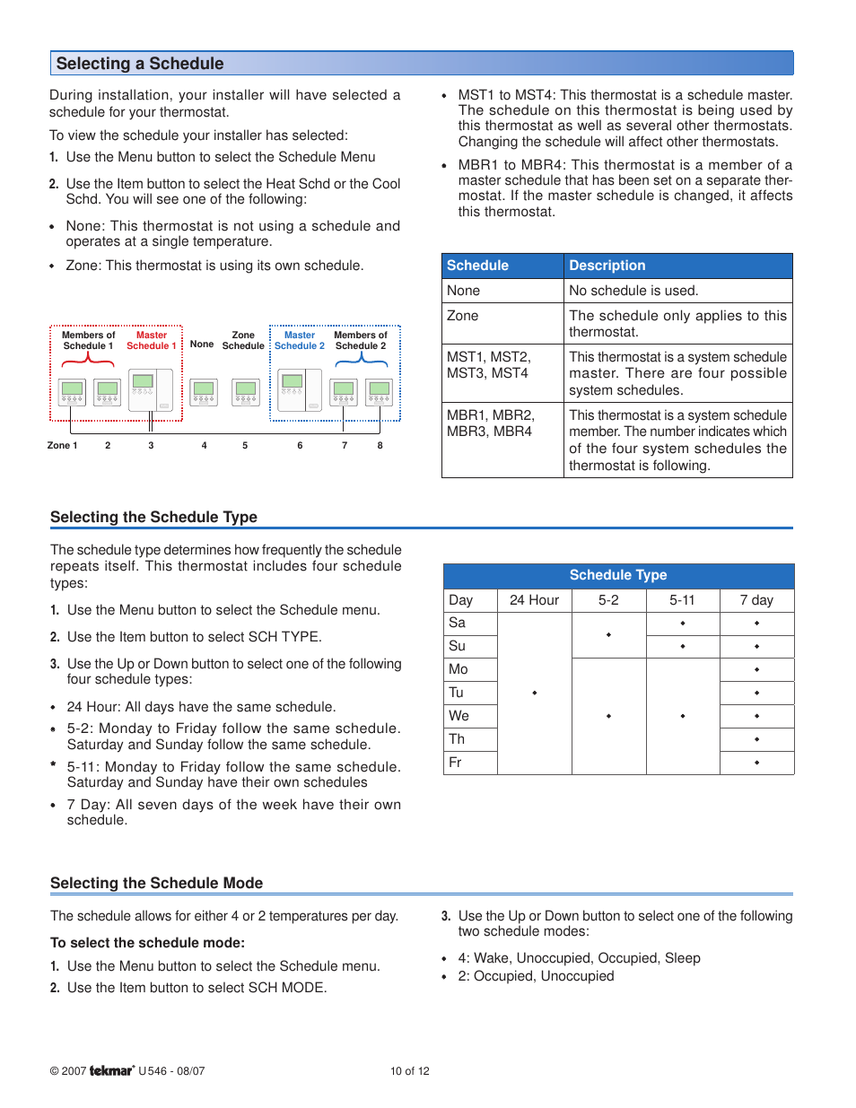 Selecting a schedule | tekmar 546 Thermostat User Manuals User Manual | Page 10 / 12