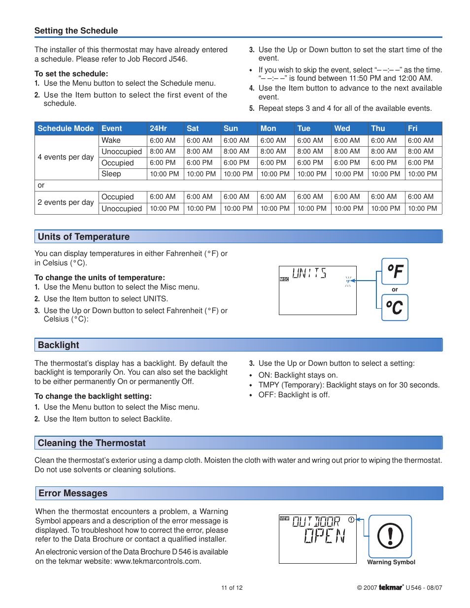 Error messages | tekmar 546 Thermostat User Manuals User Manual | Page 11 / 12