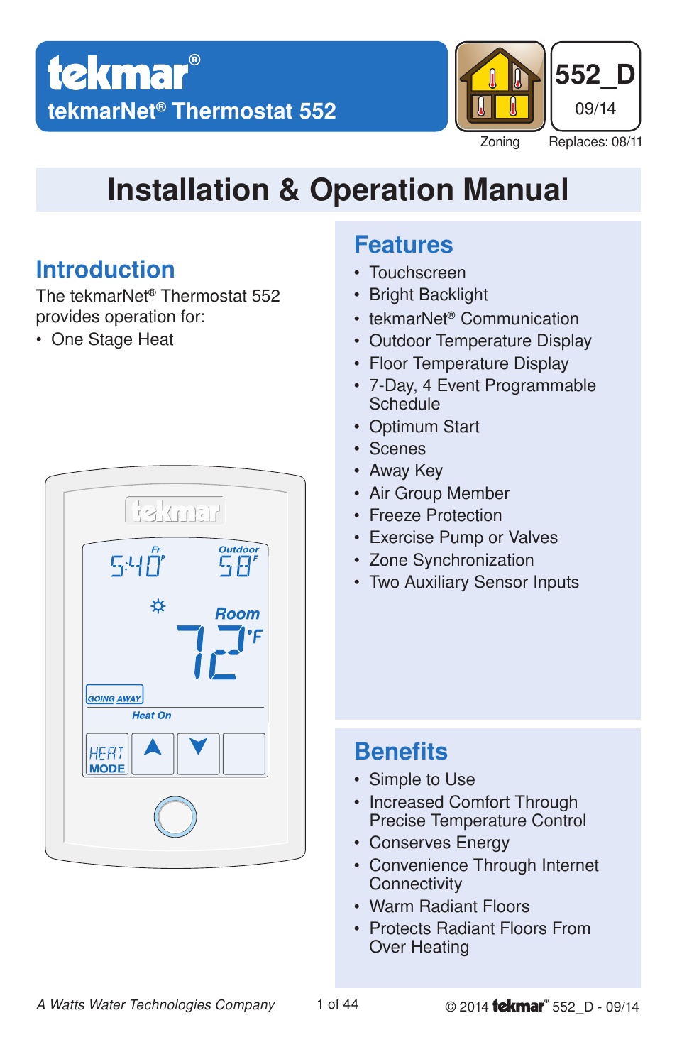 tekmar 552 Thermostat Installation User Manual | 44 pages