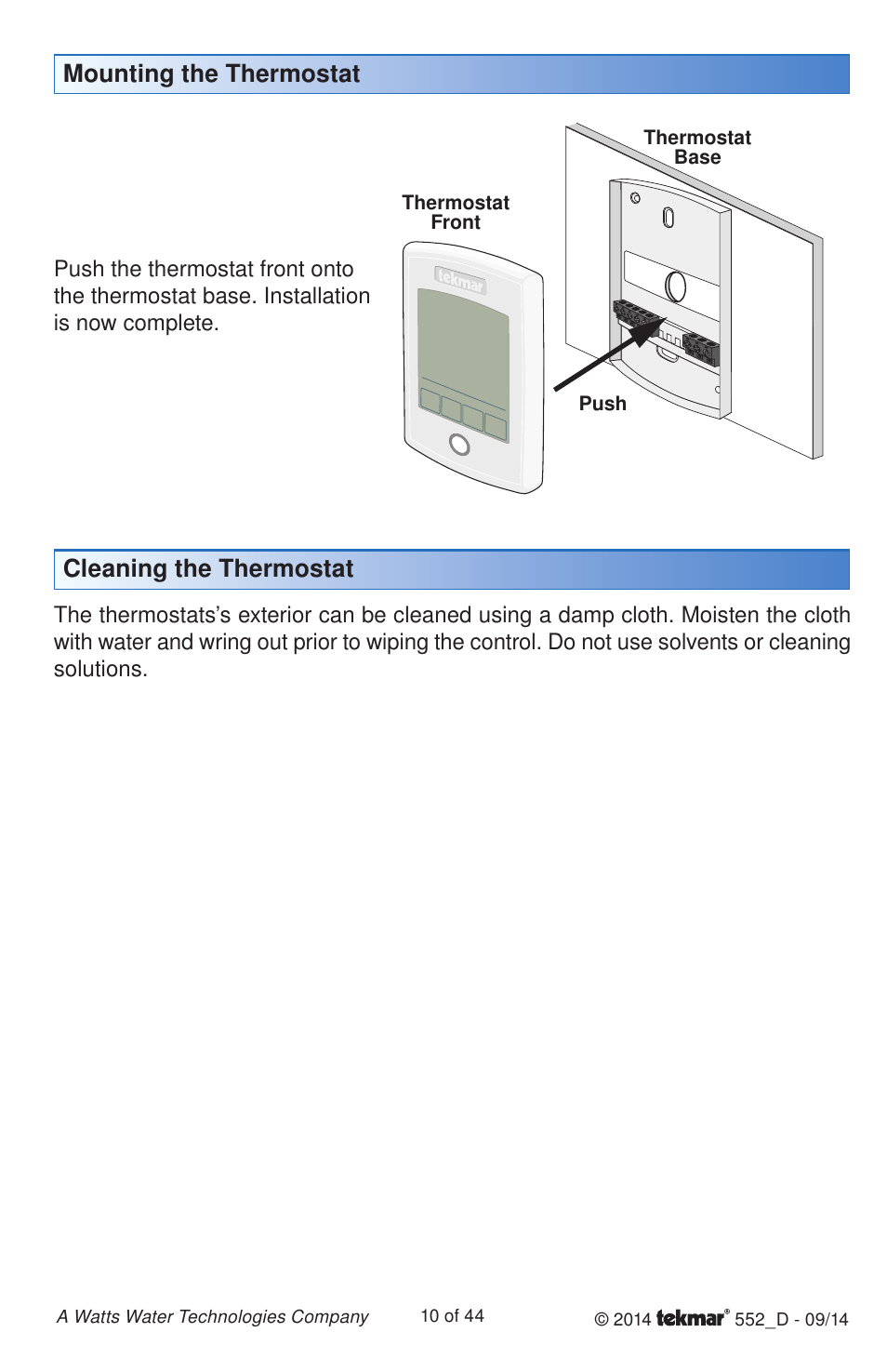 Mounting the thermostat, Cleaning the thermostat | tekmar 552 Thermostat Installation User Manual | Page 10 / 44