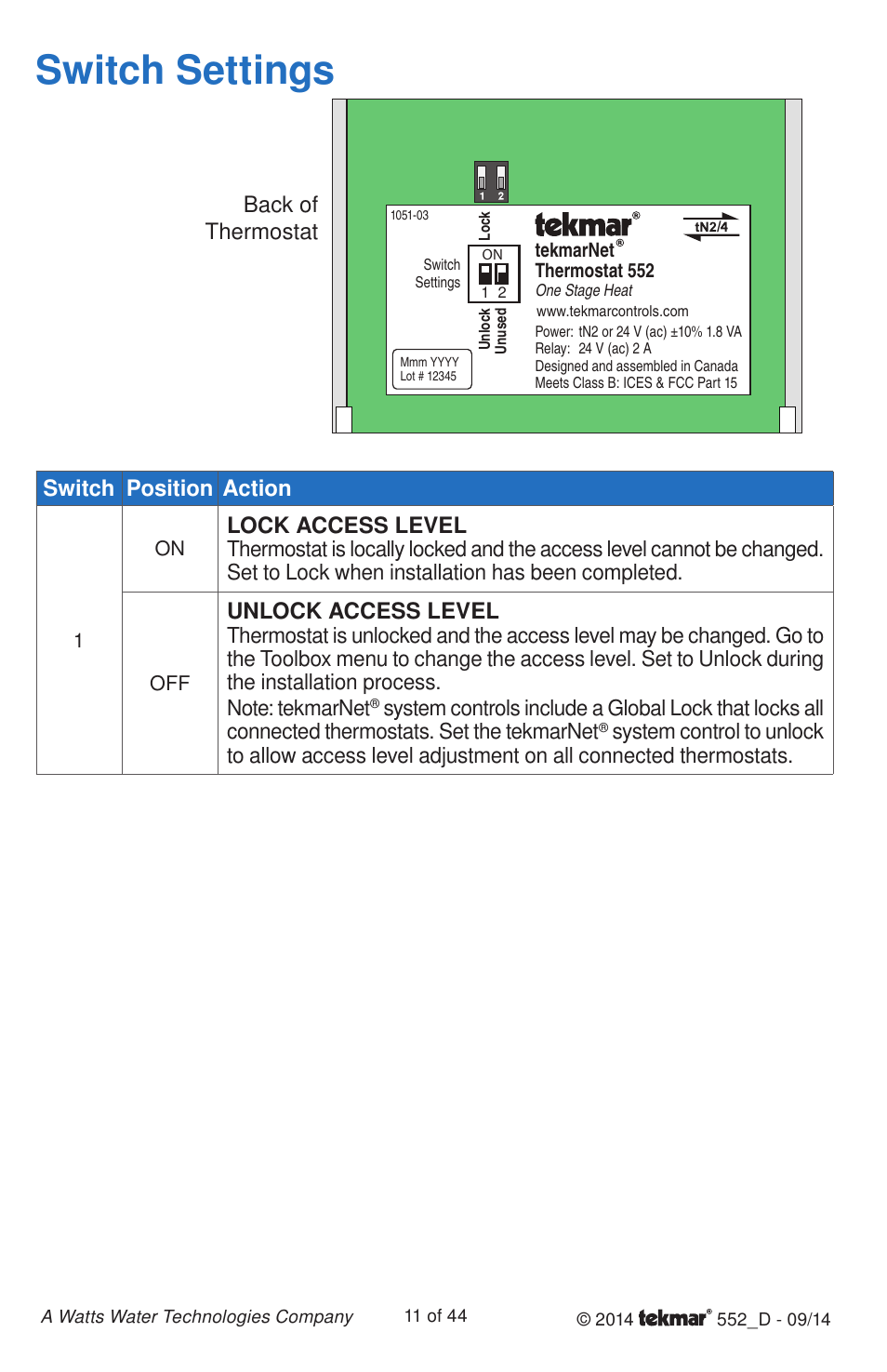 Switch settings, Switch position action, Lock access level | Unlock access level, Back of thermostat | tekmar 552 Thermostat Installation User Manual | Page 11 / 44