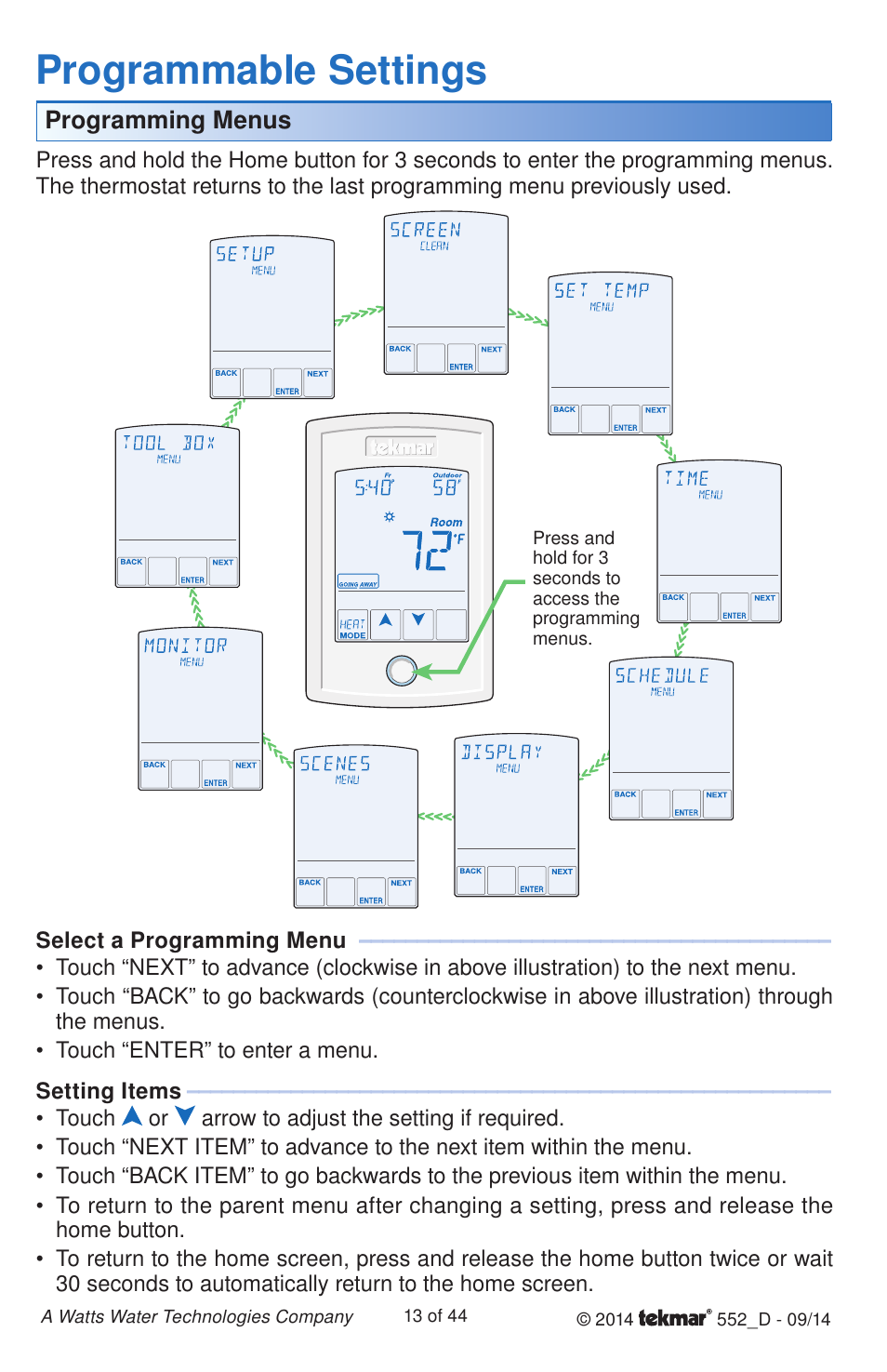 Programmable settings | tekmar 552 Thermostat Installation User Manual | Page 13 / 44