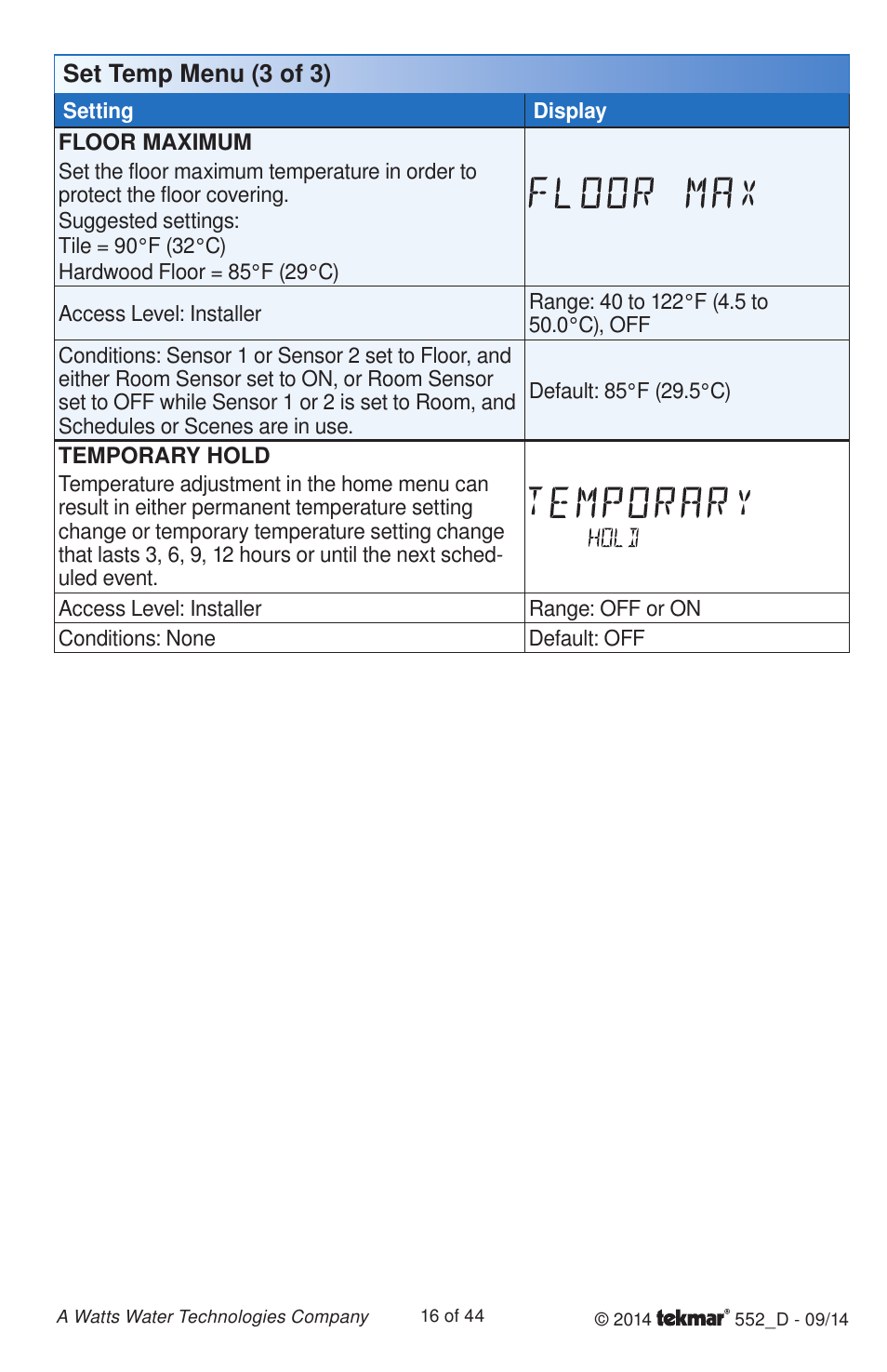 Set temp menu (3 of 3) | tekmar 552 Thermostat Installation User Manual | Page 16 / 44