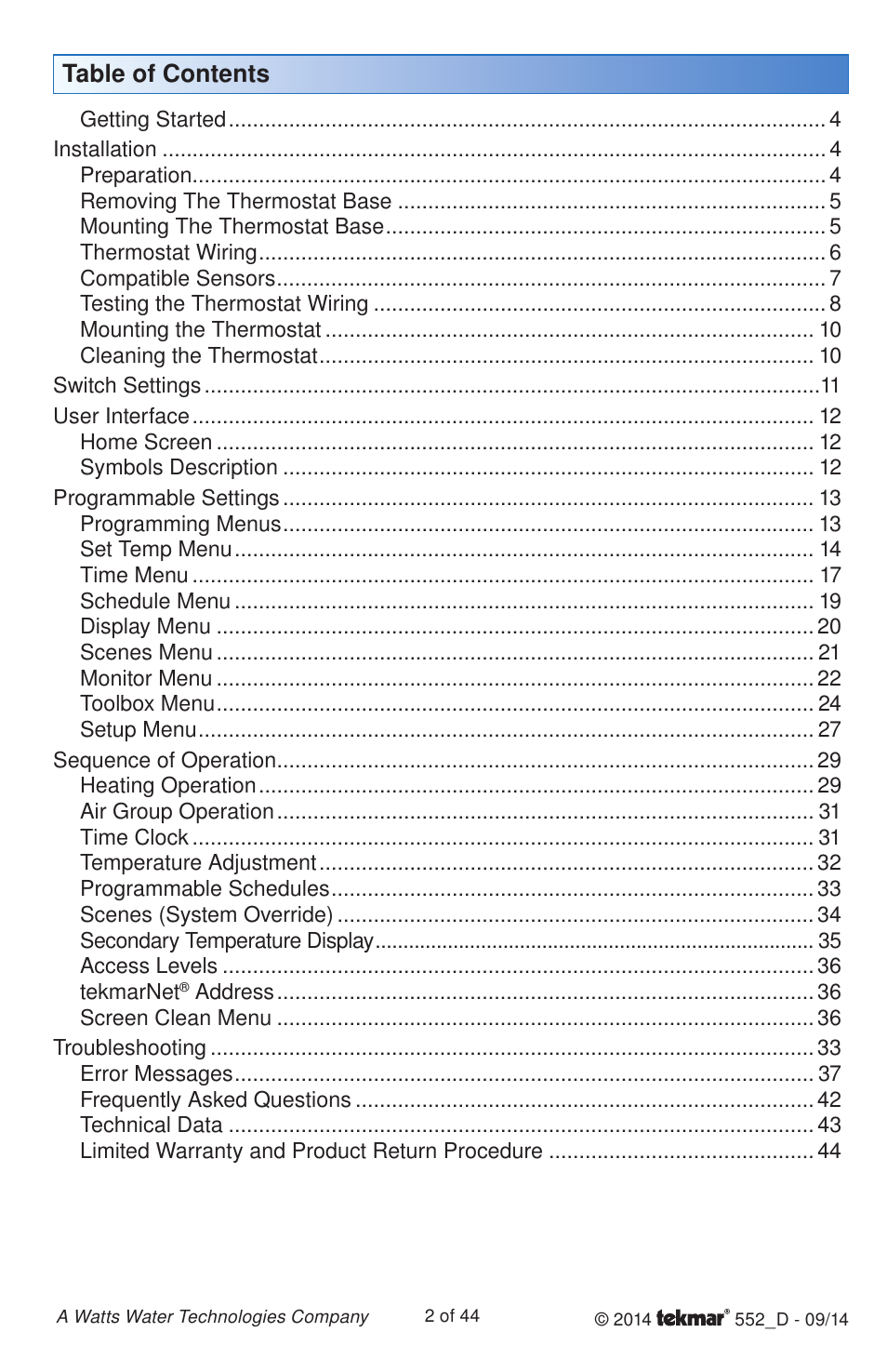 tekmar 552 Thermostat Installation User Manual | Page 2 / 44