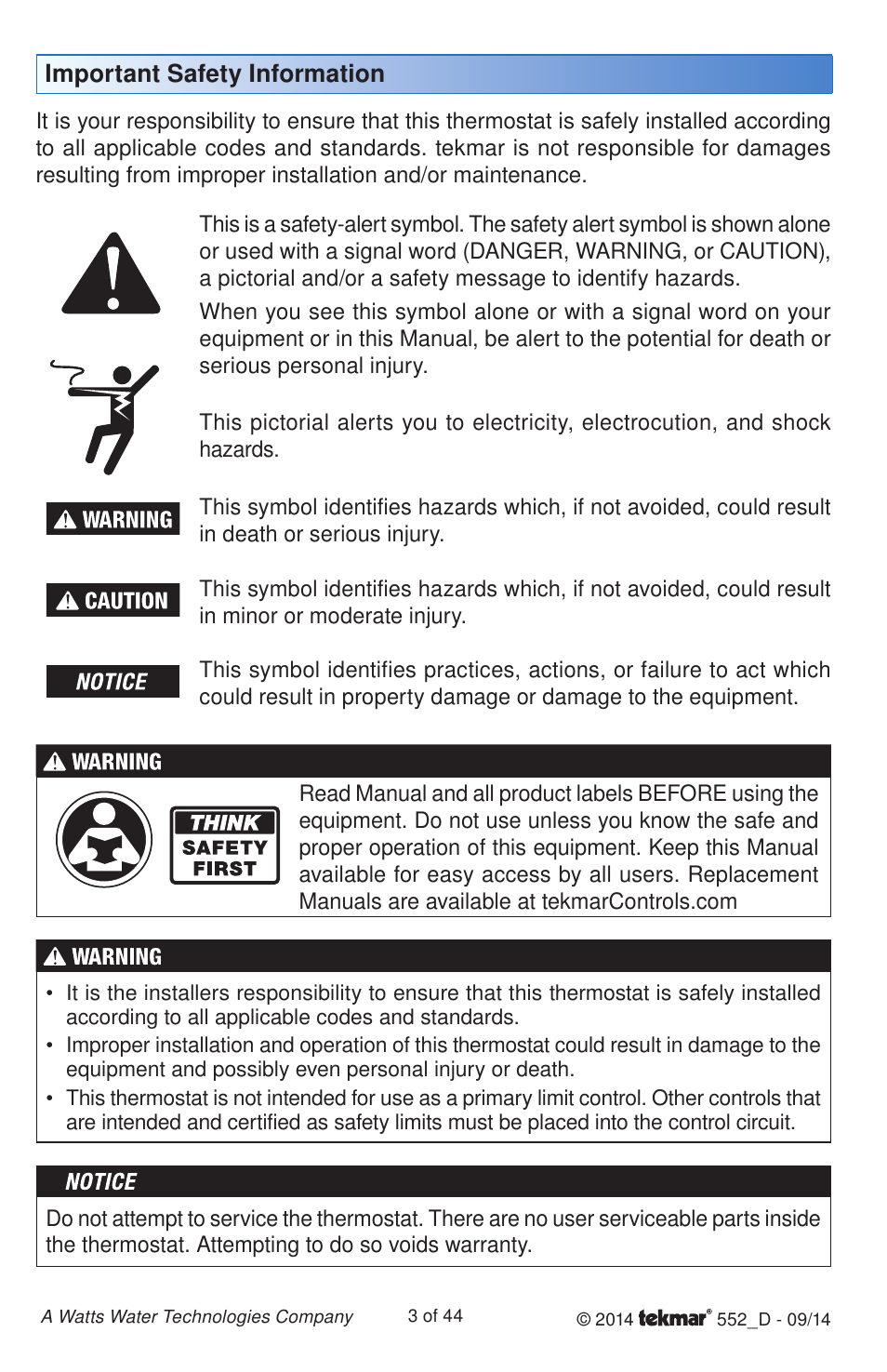tekmar 552 Thermostat Installation User Manual | Page 3 / 44