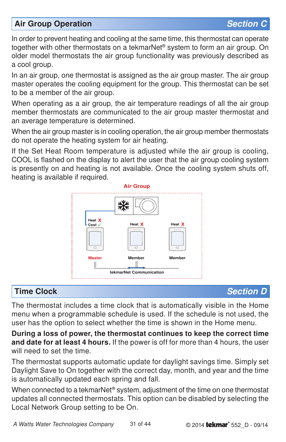 Air group operation, Time clock | tekmar 552 Thermostat Installation User Manual | Page 31 / 44