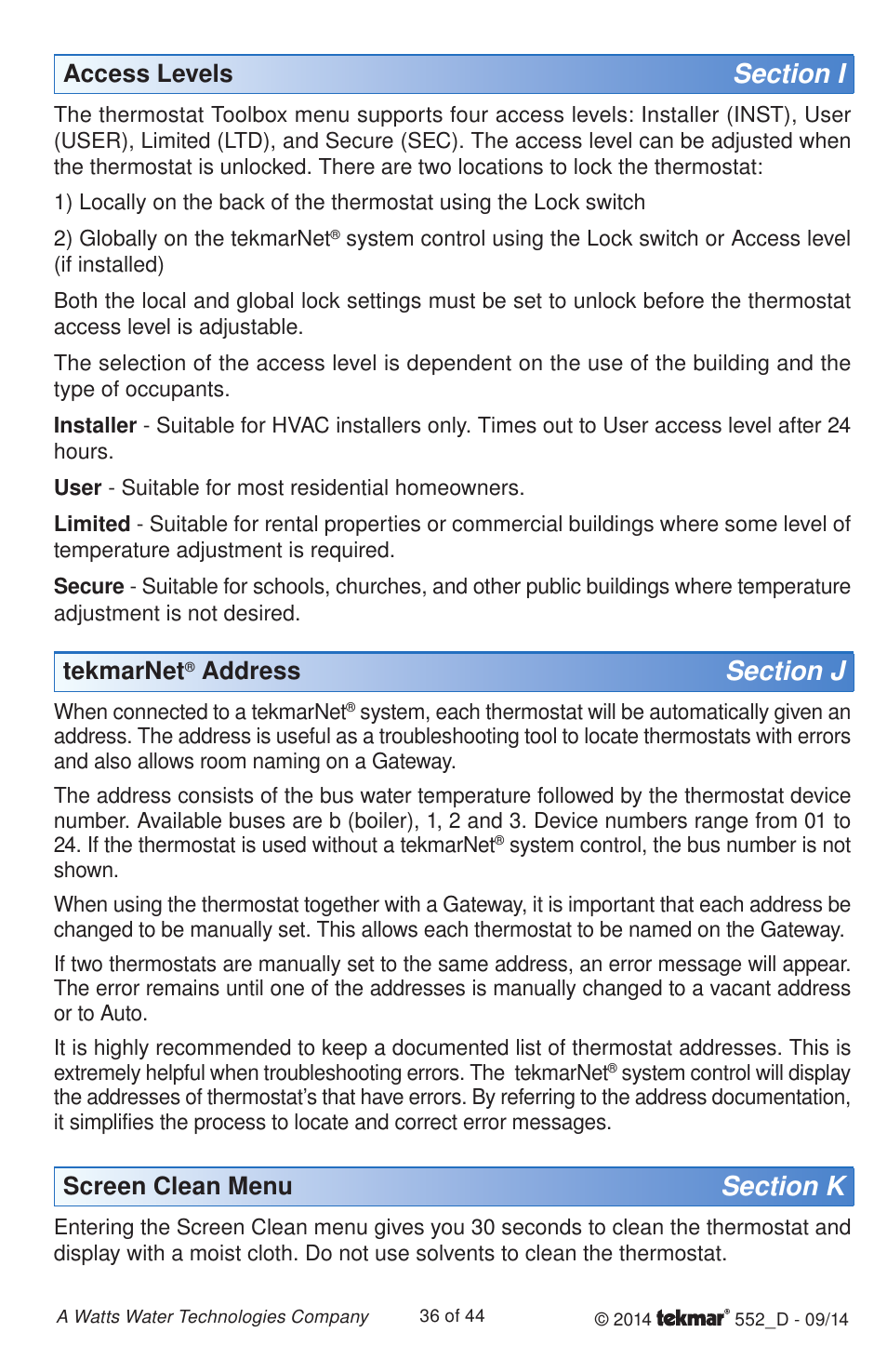 Tekmarnet, Address, Access levels | Screen clean menu | tekmar 552 Thermostat Installation User Manual | Page 36 / 44