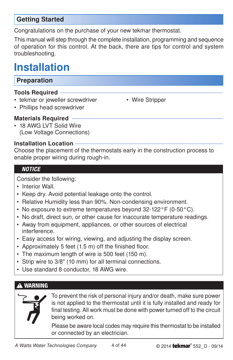 Installation | tekmar 552 Thermostat Installation User Manual | Page 4 / 44