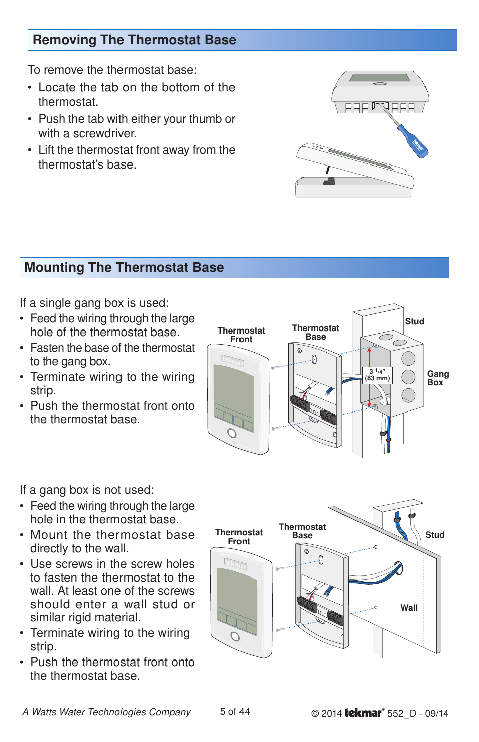 Removing the thermostat base, Mounting the thermostat base | tekmar 552 Thermostat Installation User Manual | Page 5 / 44