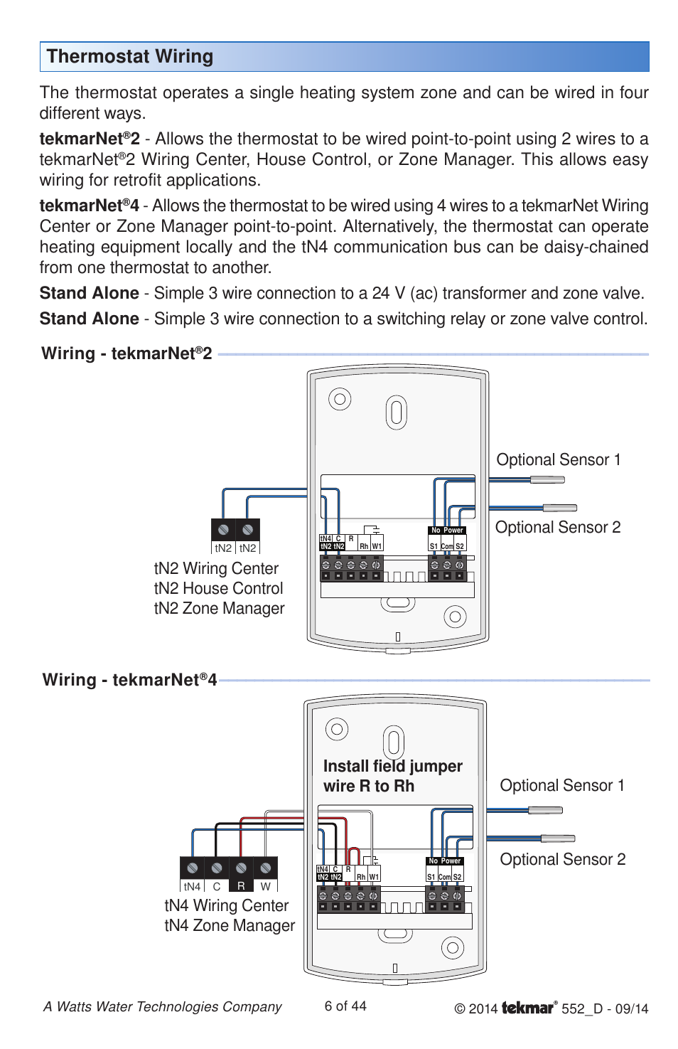 Thermostat wiring, Wiring - tekmarnet | tekmar 552 Thermostat Installation User Manual | Page 6 / 44
