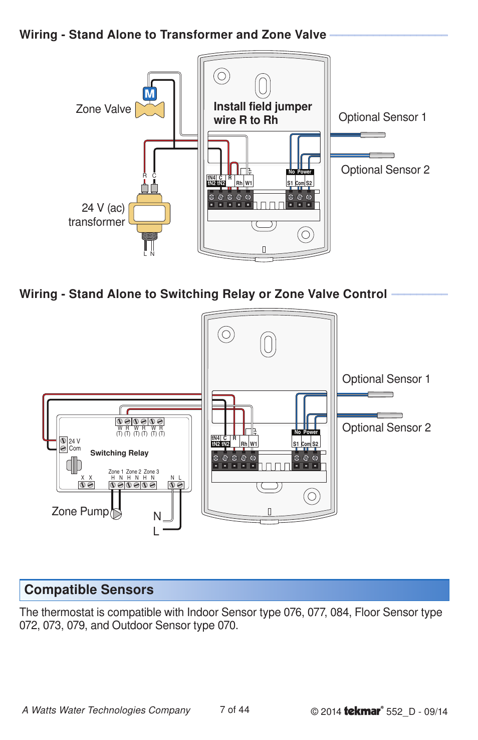 Compatible sensors, Wiring - stand alone to transformer and zone valve, Optional sensor 1 optional sensor 2 zone pump n l | tekmar 552 Thermostat Installation User Manual | Page 7 / 44