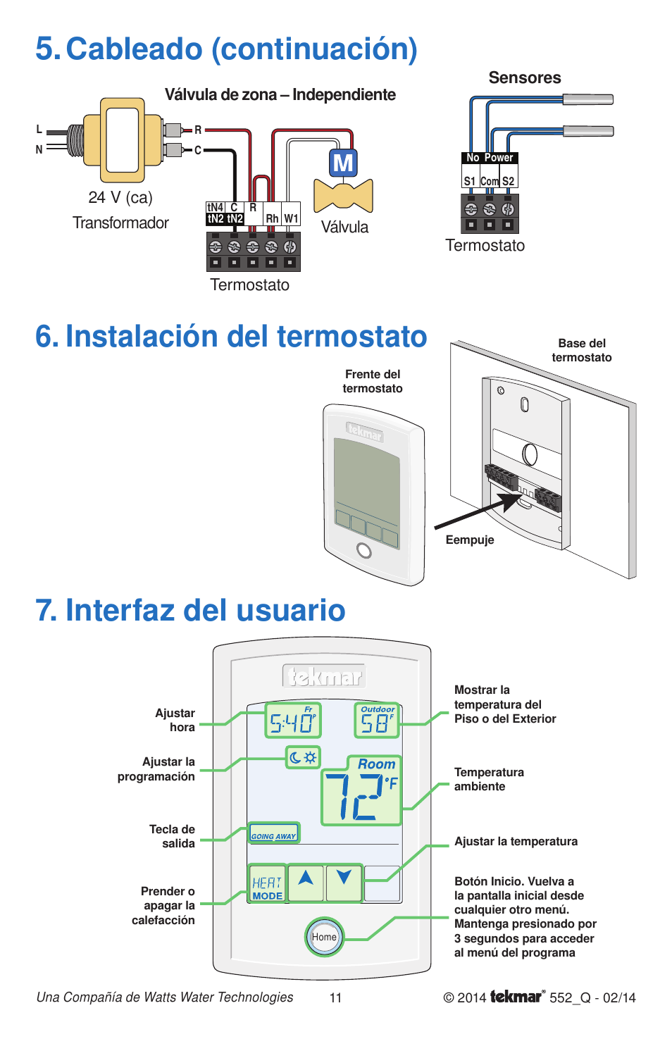 Instalación del termostato, Cableado (continuación) 7. interfaz del usuario, Válvula de zona – independiente | Termostato 24 v (ca) transformador válvula, Termostato sensores | tekmar 552 Thermostat Quick Start User Manual | Page 11 / 12