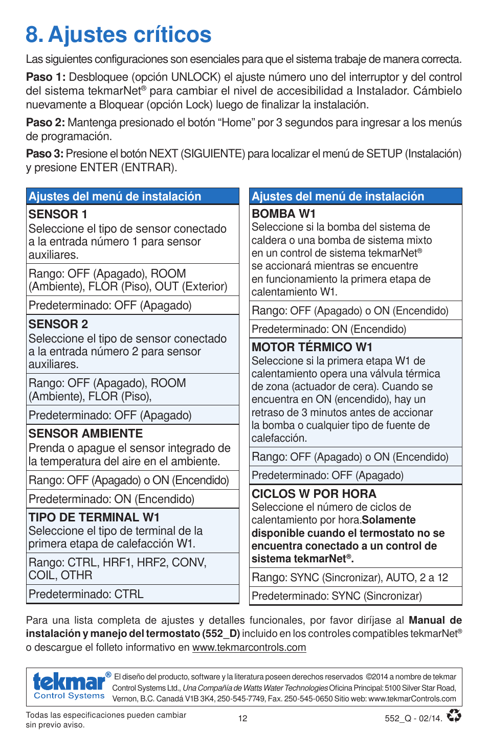 Ajustes críticos | tekmar 552 Thermostat Quick Start User Manual | Page 12 / 12