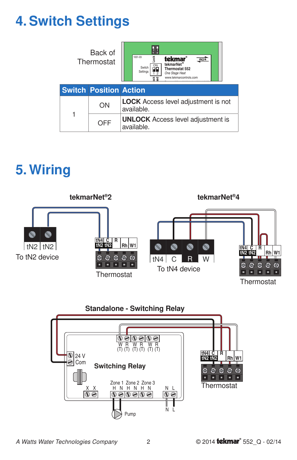 Switch settings 5. wiring, Switch position action, Back of thermostat | Tekmarnet, 2to tn2 device thermostat, 4to tn4 device thermostat, Standalone - switching relay thermostat, Tn2 tn2, Tn4 c w r, Switching relay | tekmar 552 Thermostat Quick Start User Manual | Page 2 / 12