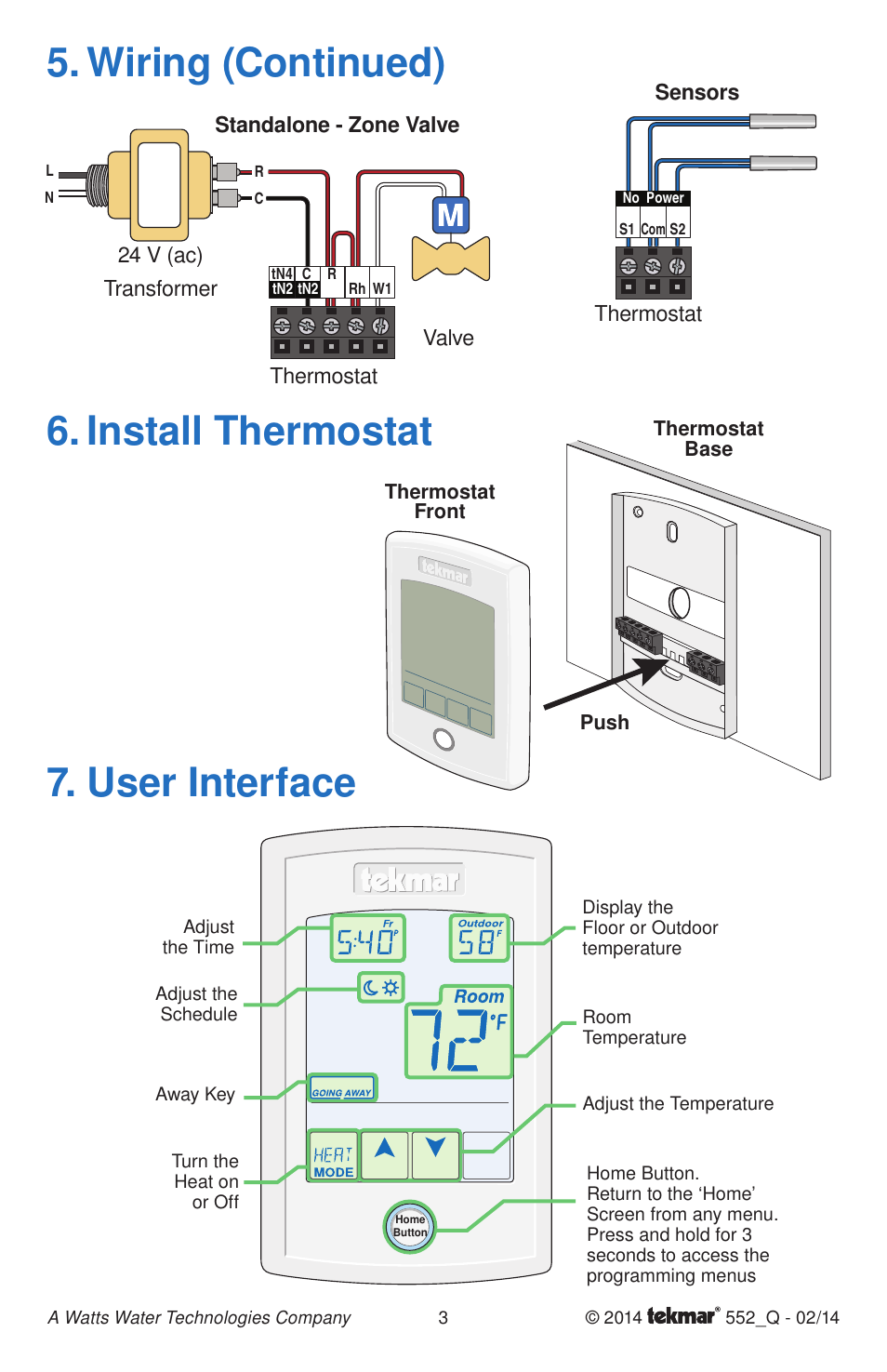 Install thermostat, Wiring (continued), User interface | tekmar 552 Thermostat Quick Start User Manual | Page 3 / 12