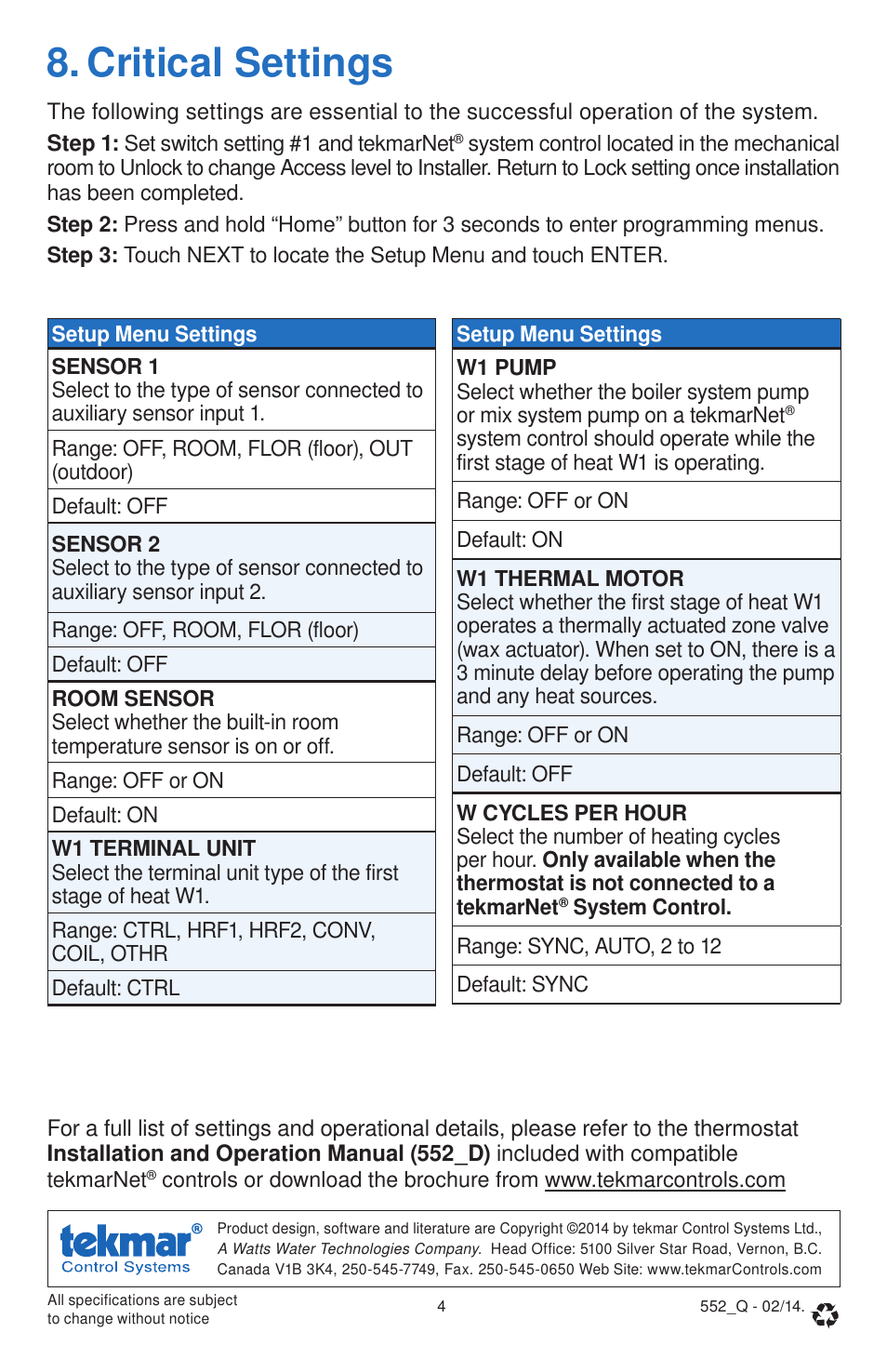 Critical settings | tekmar 552 Thermostat Quick Start User Manual | Page 4 / 12