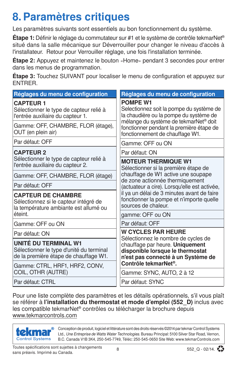 Paramètres critiques | tekmar 552 Thermostat Quick Start User Manual | Page 8 / 12