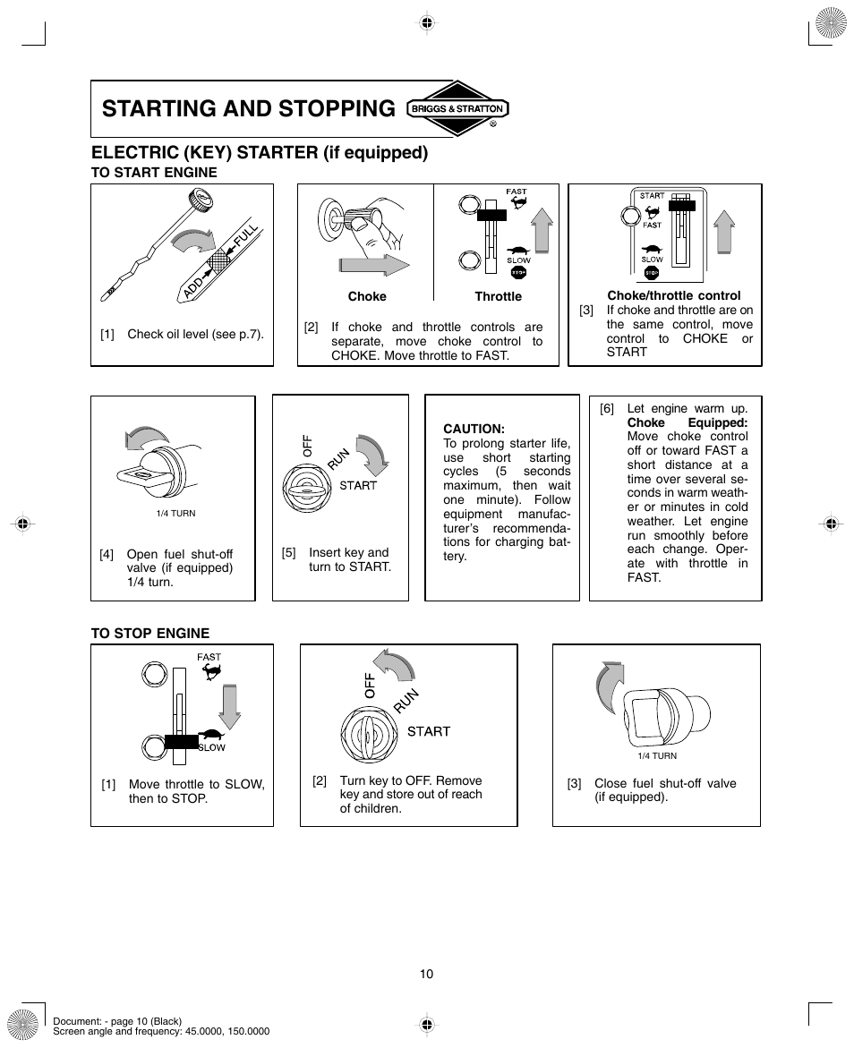 Starting and stopping, Electric (key) starter (if equipped) | Briggs & Stratton 280000  EU User Manual | Page 10 / 20