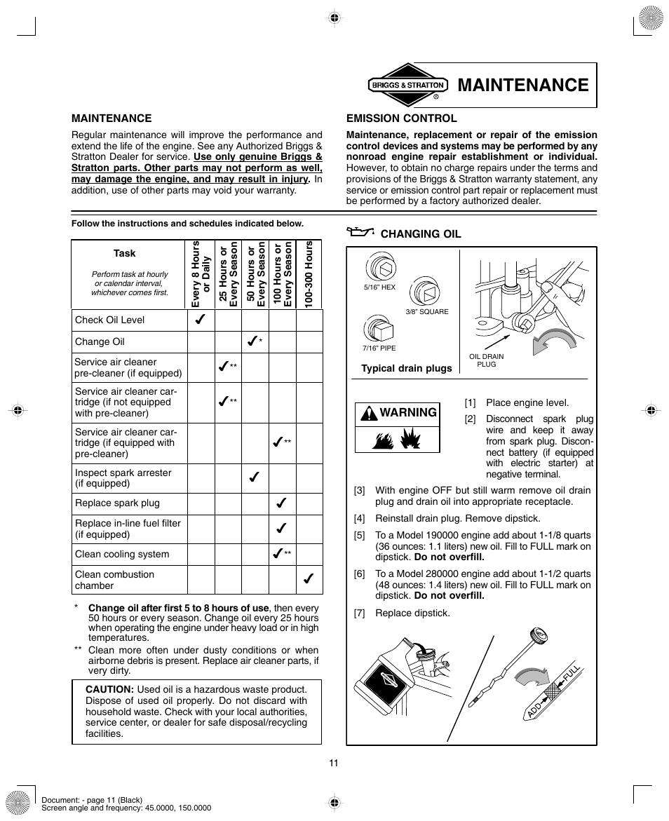 Maintenance | Briggs & Stratton 280000  EU User Manual | Page 11 / 20