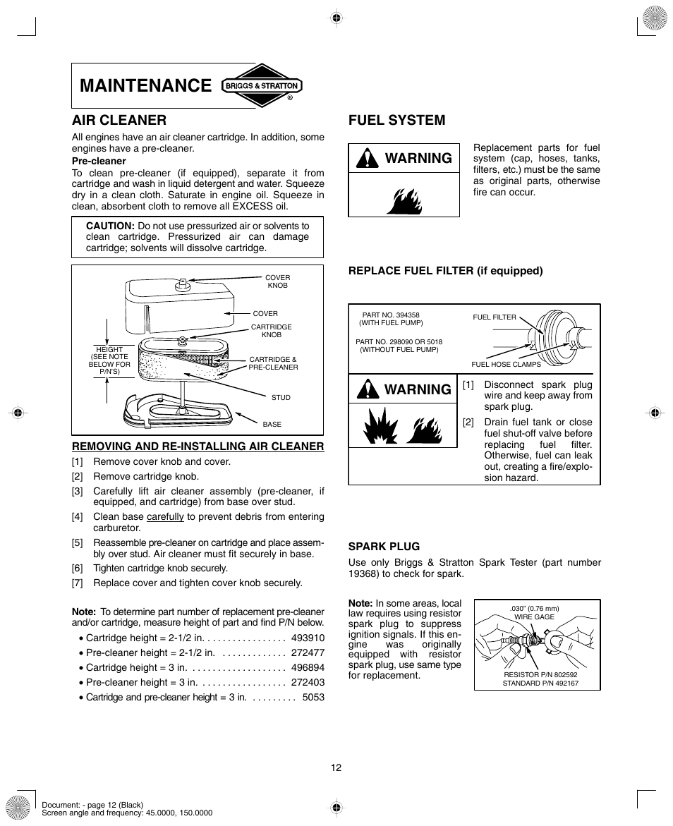 Maintenance, Air cleaner, Fuel system warning | Warning | Briggs & Stratton 280000  EU User Manual | Page 12 / 20