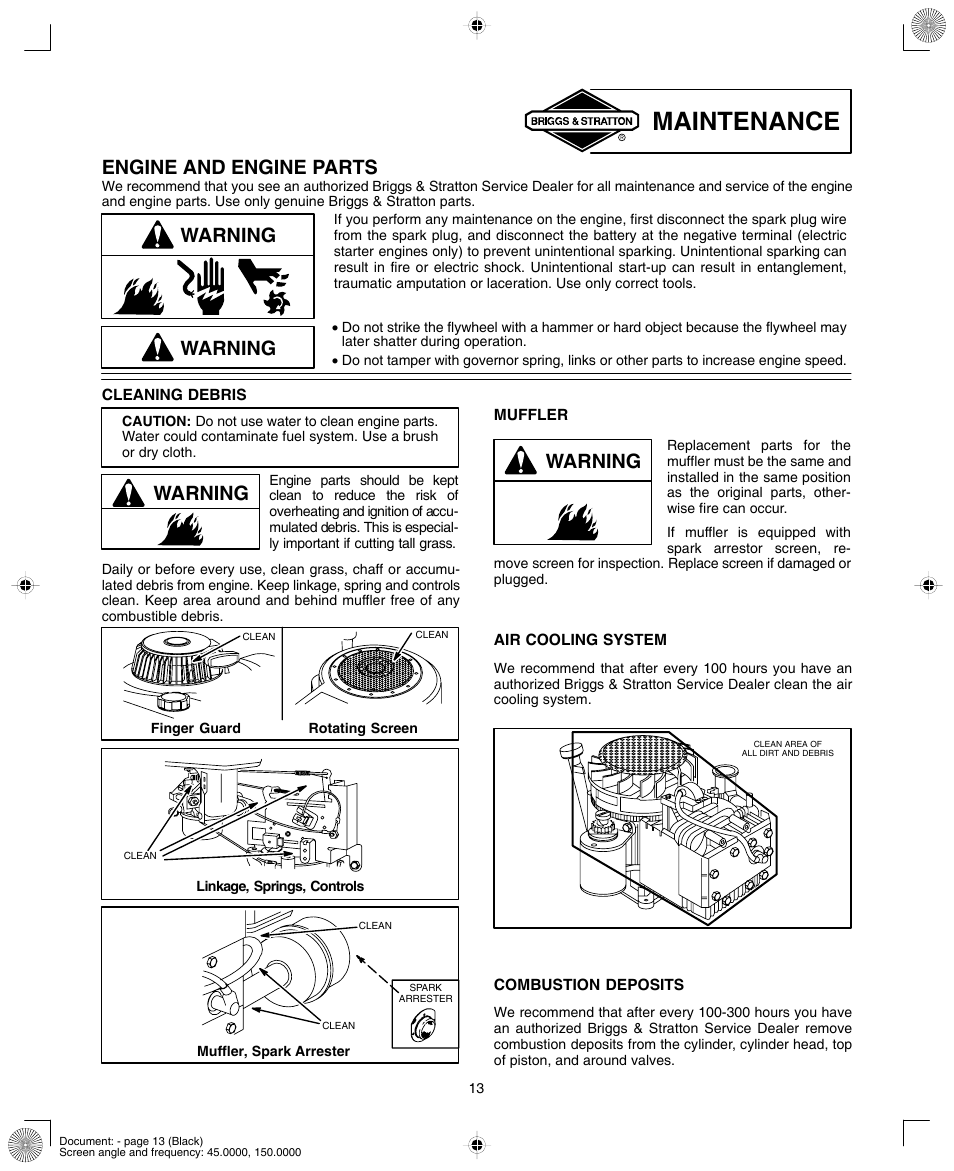 Maintenance, Engine and engine parts, Warning | Briggs & Stratton 280000  EU User Manual | Page 13 / 20