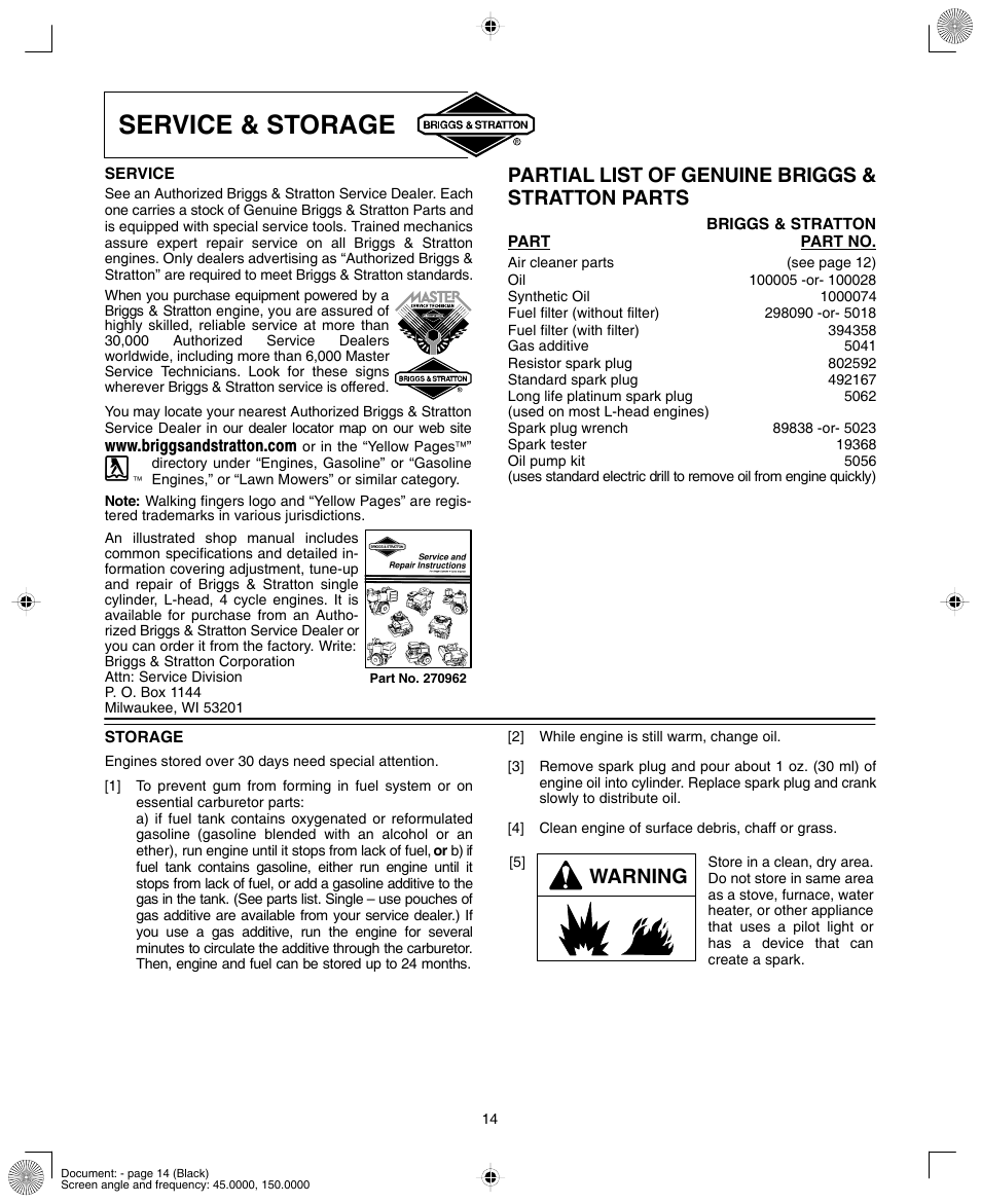 Service & storage, Partial list of genuine briggs & stratton parts, Warning | Briggs & Stratton 280000  EU User Manual | Page 14 / 20