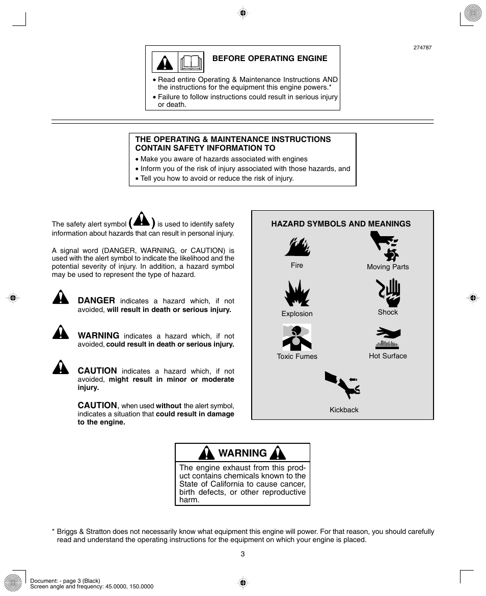 Warning | Briggs & Stratton 280000  EU User Manual | Page 3 / 20