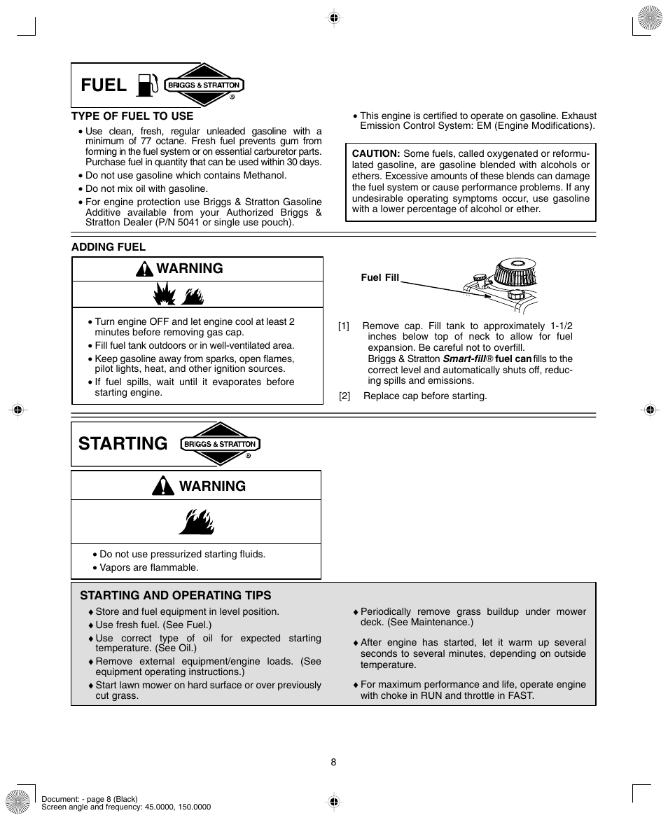 Fuel, Starting, Warning | Briggs & Stratton 280000  EU User Manual | Page 8 / 20