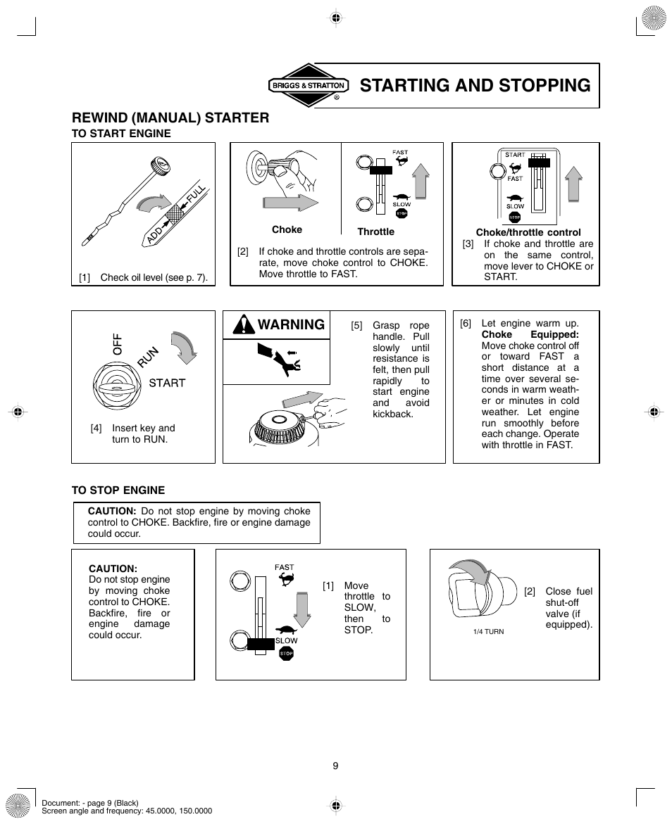 Starting and stopping, Rewind (manual) starter, Warning | Briggs & Stratton 280000  EU User Manual | Page 9 / 20