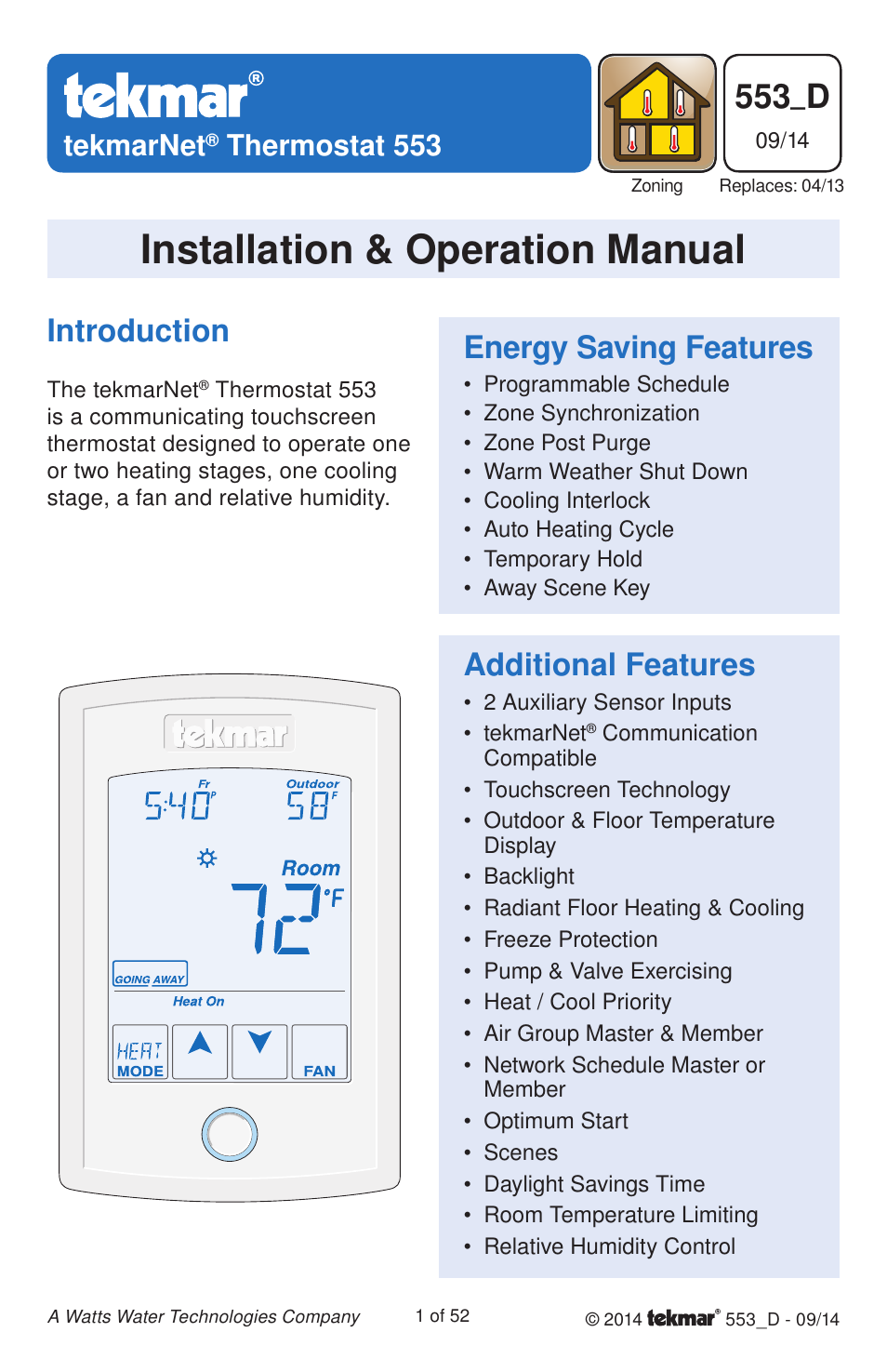 tekmar 553 Thermostat Installation User Manual | 52 pages