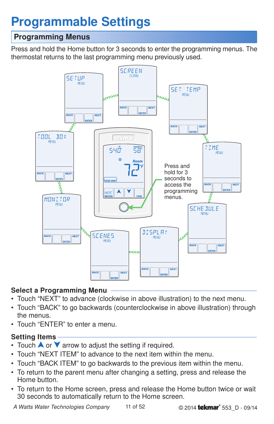 Programmable settings | tekmar 553 Thermostat Installation User Manual | Page 11 / 52