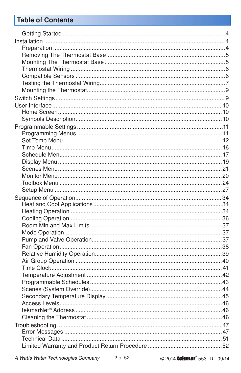 tekmar 553 Thermostat Installation User Manual | Page 2 / 52