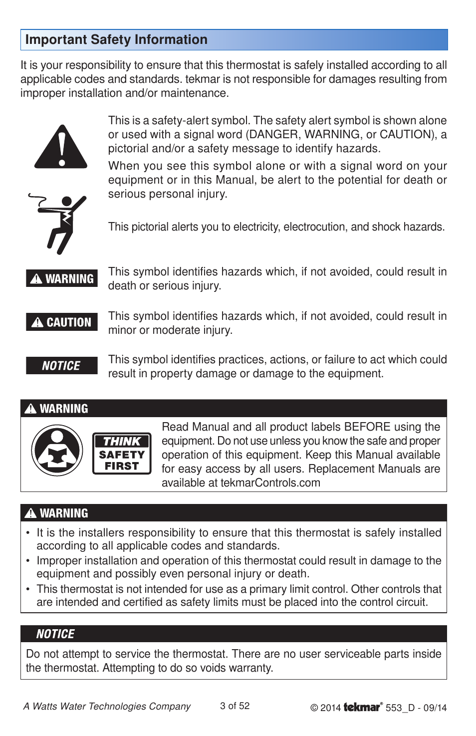 Important safety information | tekmar 553 Thermostat Installation User Manual | Page 3 / 52