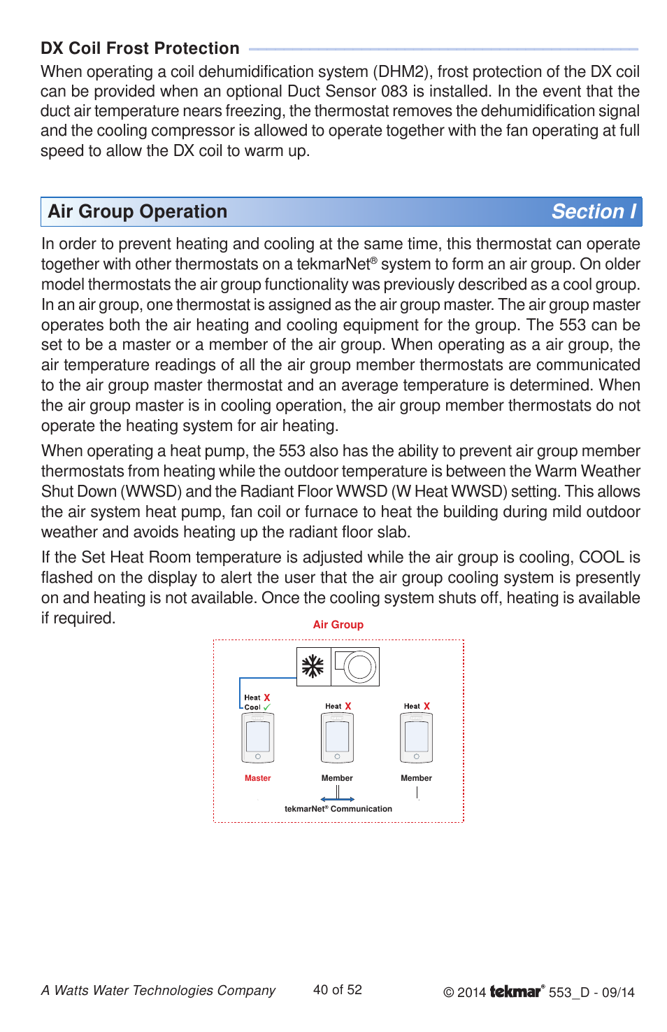 Air group operation, Dx coil frost protection | tekmar 553 Thermostat Installation User Manual | Page 40 / 52