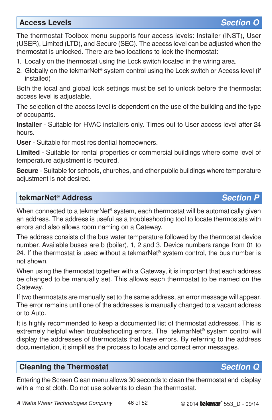 Tekmarnet, Address, Access levels | Cleaning the thermostat | tekmar 553 Thermostat Installation User Manual | Page 46 / 52