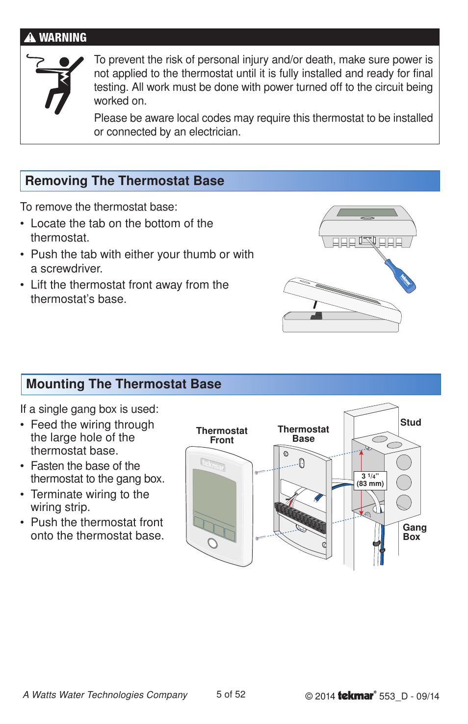 Removing the thermostat base, Mounting the thermostat base | tekmar 553 Thermostat Installation User Manual | Page 5 / 52
