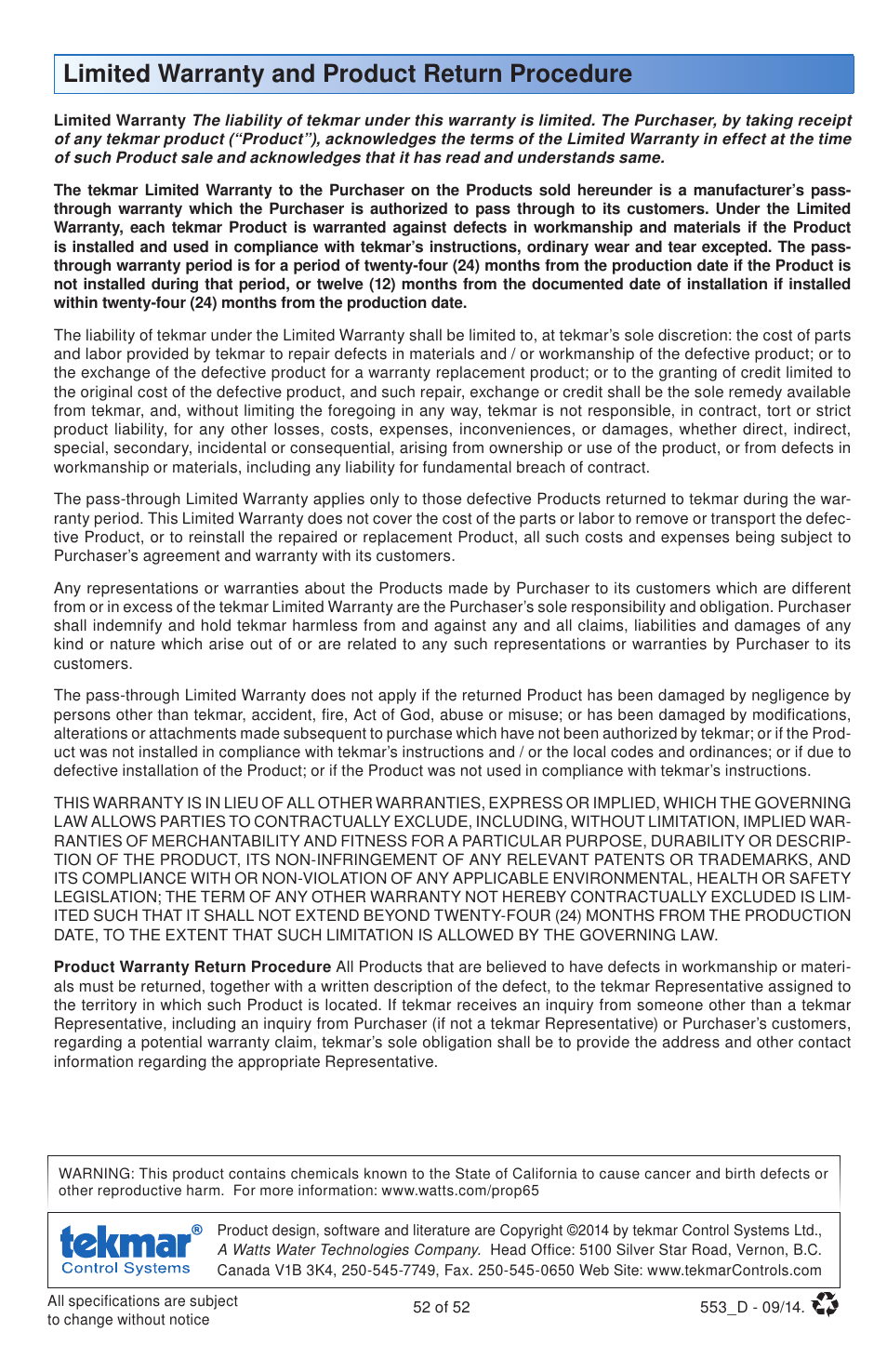 Limited warranty and product return procedure | tekmar 553 Thermostat Installation User Manual | Page 52 / 52