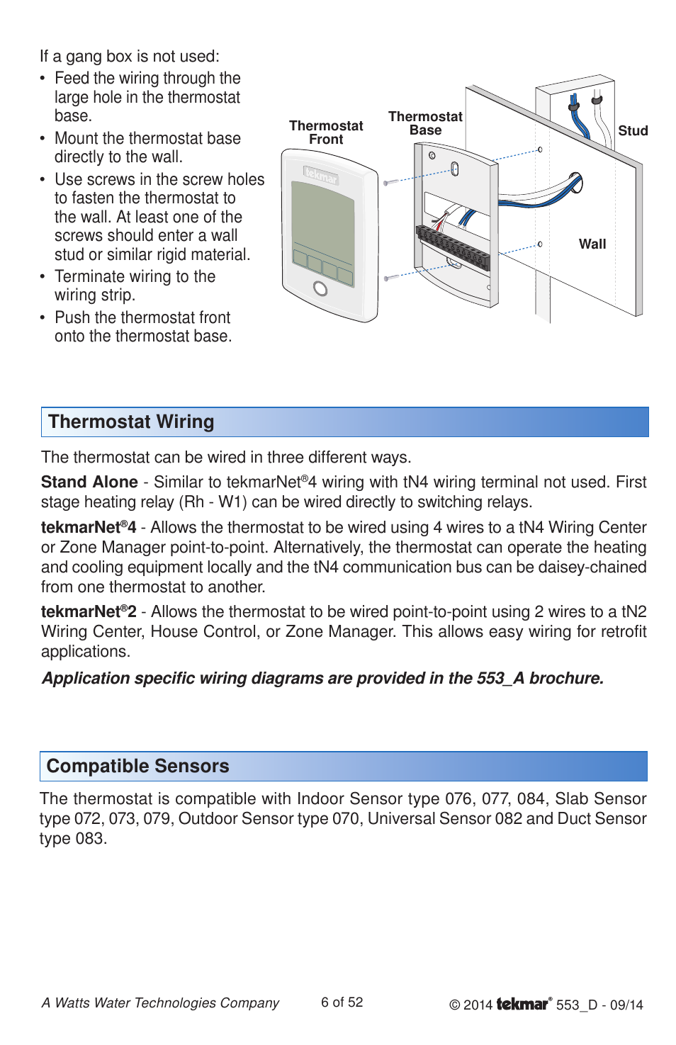 Thermostat wiring, Compatible sensors | tekmar 553 Thermostat Installation User Manual | Page 6 / 52