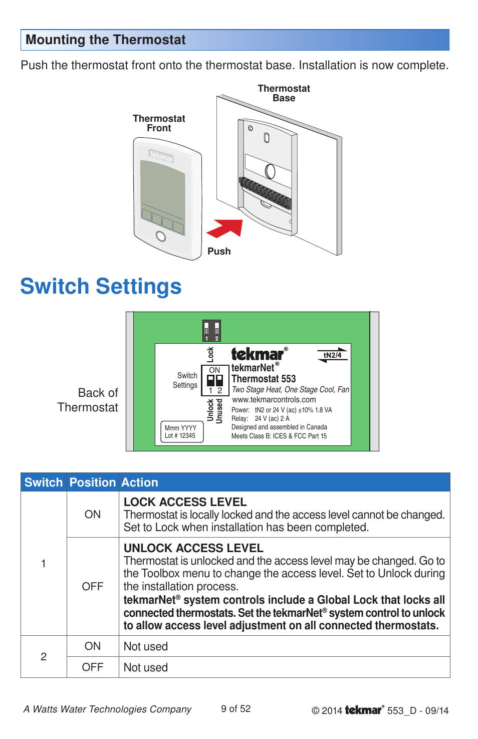 Switch settings, Mounting the thermostat, Switch position action | Back of thermostat | tekmar 553 Thermostat Installation User Manual | Page 9 / 52