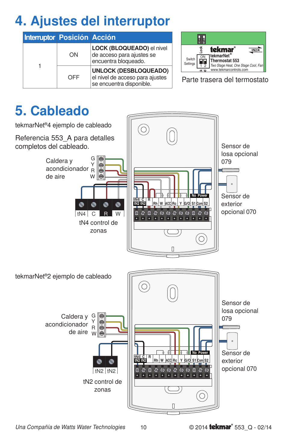 Ajustes del interruptor, Cableado, Interruptor posición acción | Parte trasera del termostato, Tekmarnet, 4 ejemplo de cableado, 2 ejemplo de cableado | tekmar 553 Thermostat Quick Start User Manual | Page 10 / 12